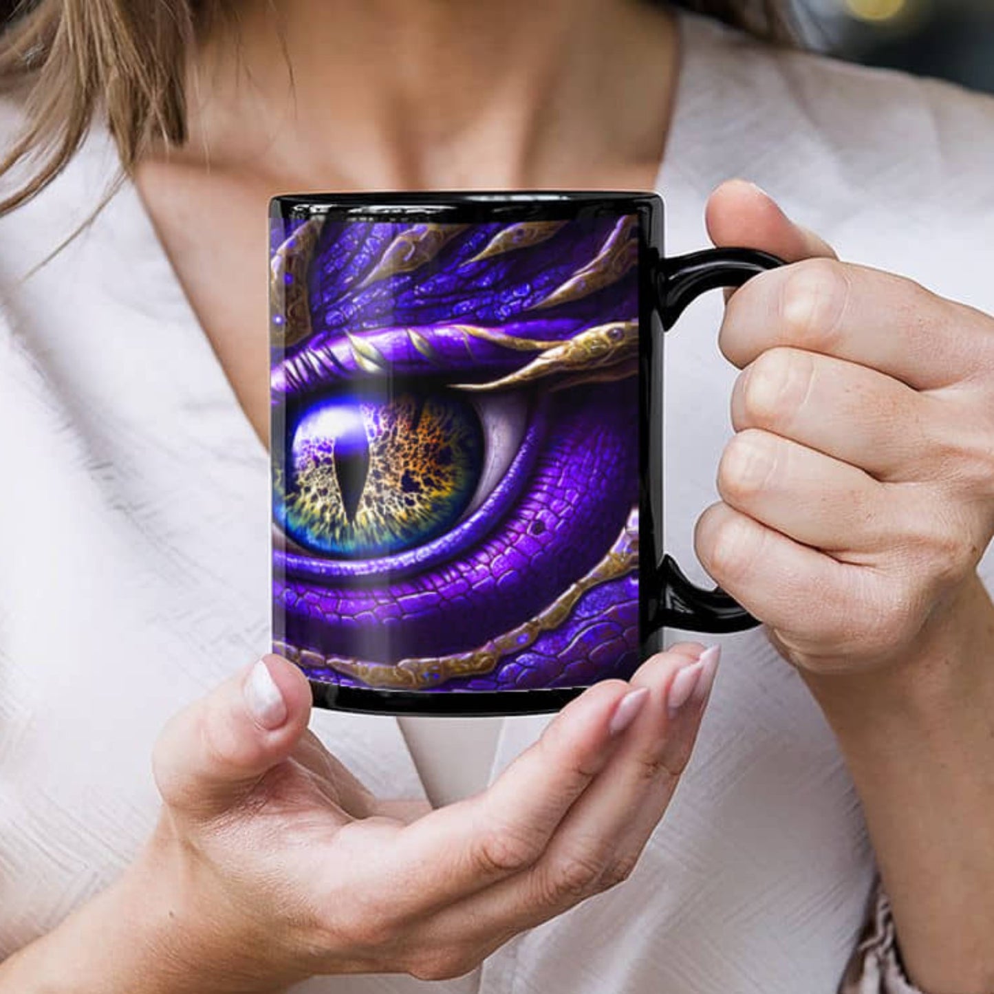 Purple Dragon Eye Mug, Purple Coffee Cup, Black Mug, Dragon Lover Mug, Gift Under 20, Fantasy Mug, Otherworld Scifi Gift for Office Partner