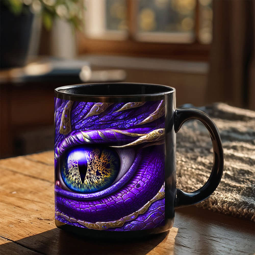 Purple Dragon Eye Mug, Purple Coffee Cup, Black Mug, Dragon Lover Mug, Gift Under 20, Fantasy Mug, Otherworld Scifi Gift for Office Partner