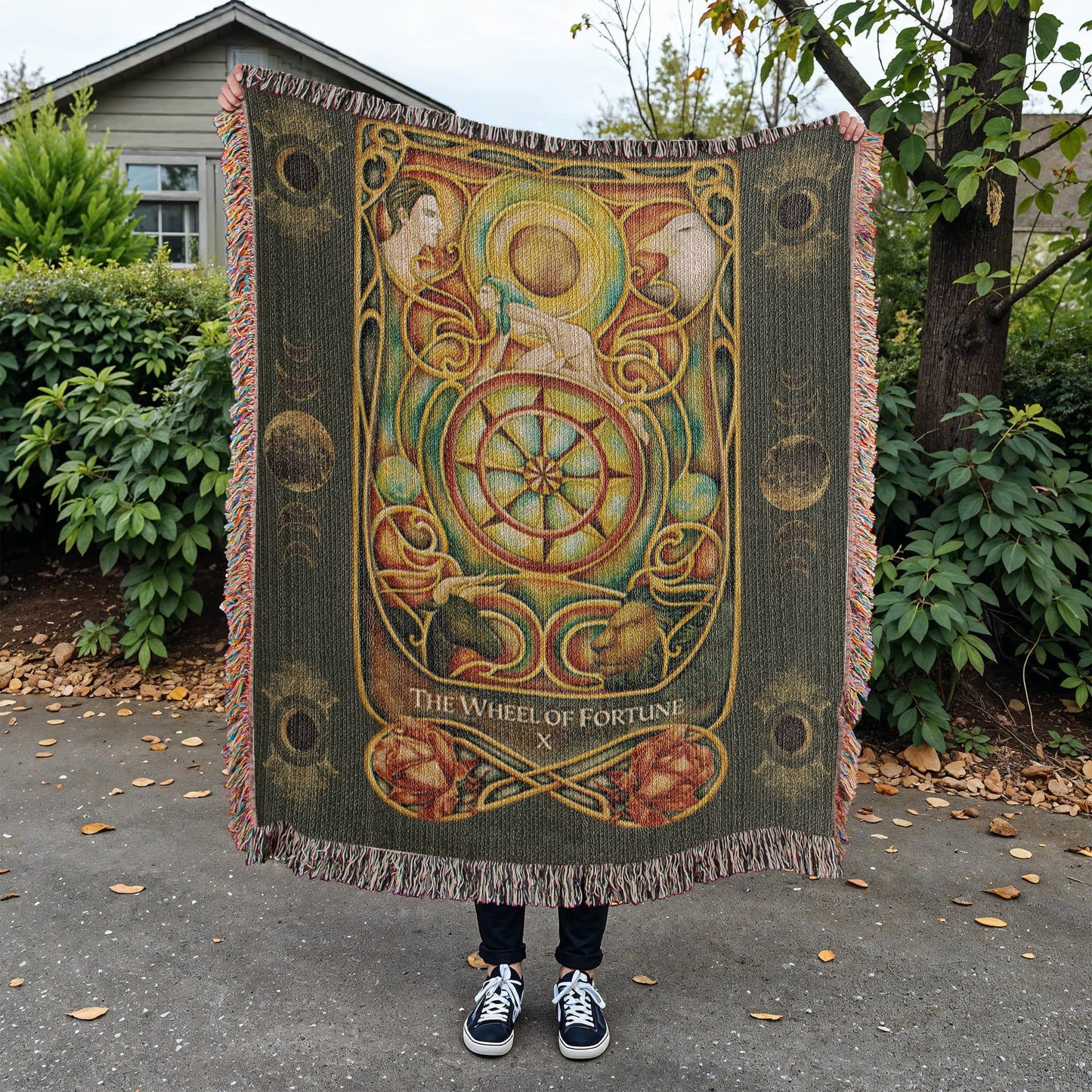 The Wheel of Fortune Woven Tarot Blanket/Throw | 100% Cotton Tapestry with Fringe
