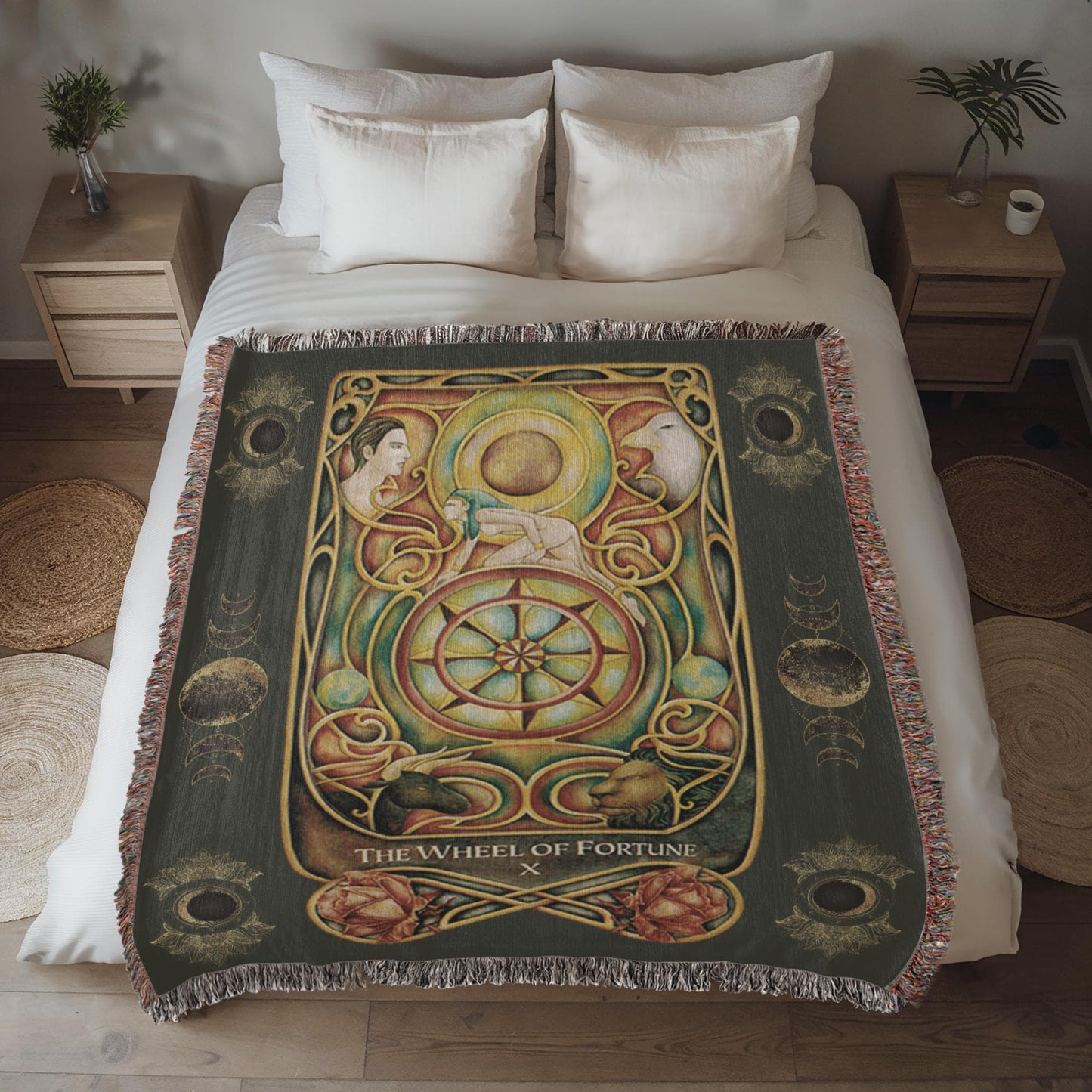 The Wheel of Fortune Woven Tarot Blanket/Throw | 100% Cotton Tapestry with Fringe