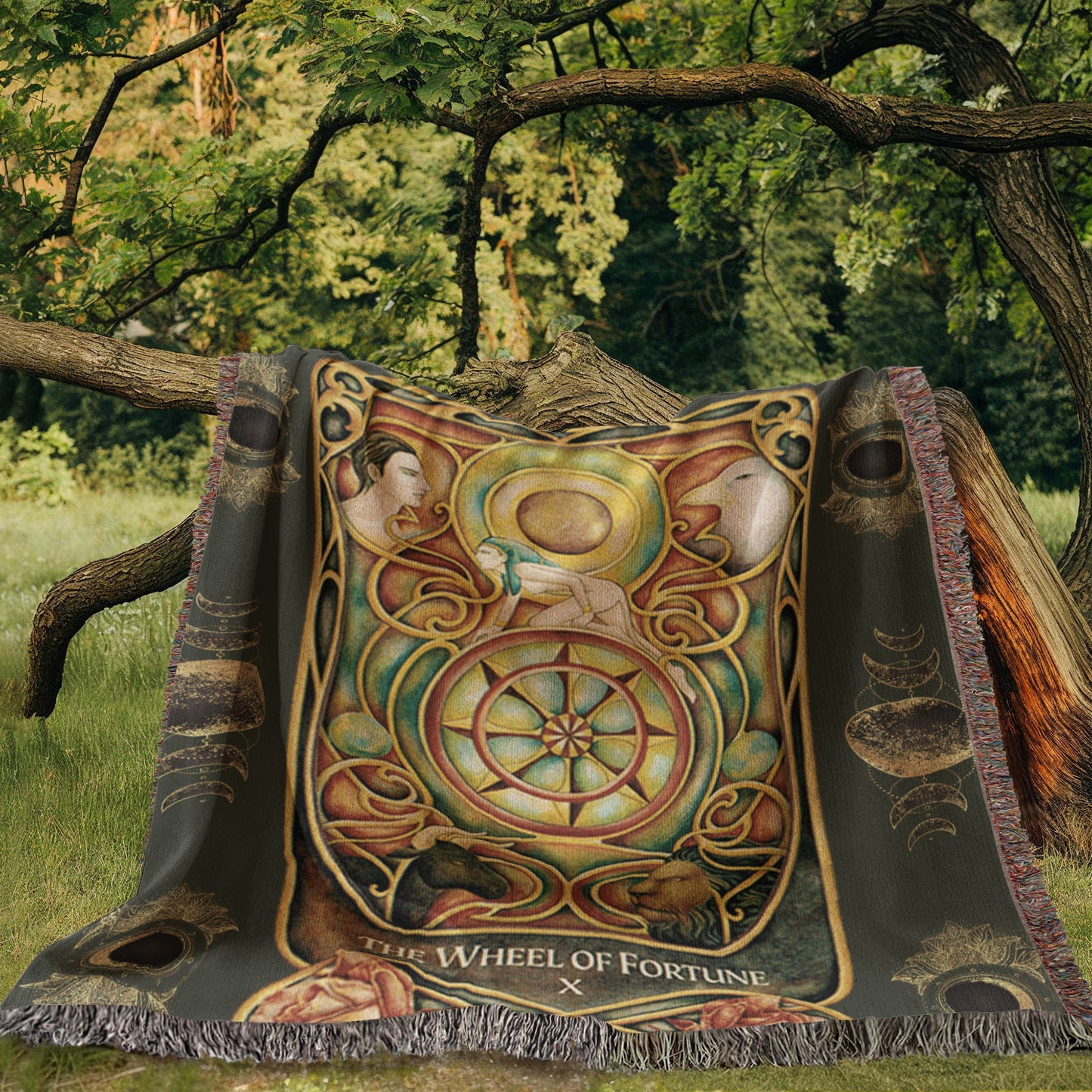The Wheel of Fortune Woven Tarot Blanket/Throw | 100% Cotton Tapestry with Fringe