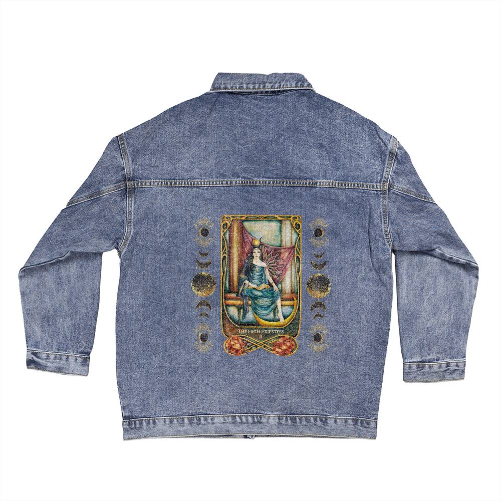 The High Priestess Tarot Card Denim Jacket | Oversized Boyfriend-Style Women's Jacket with LOTS of Pockets