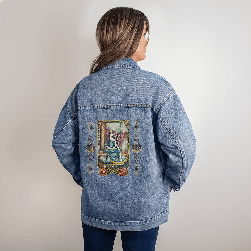 The High Priestess Tarot Card Denim Jacket | Oversized Boyfriend-Style Women's Jacket with LOTS of Pockets