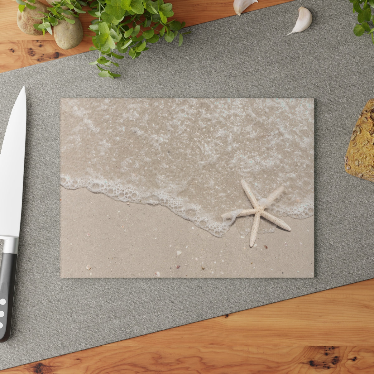 Glass Cutting Board, Sand and Starfish - Two Sizes Available