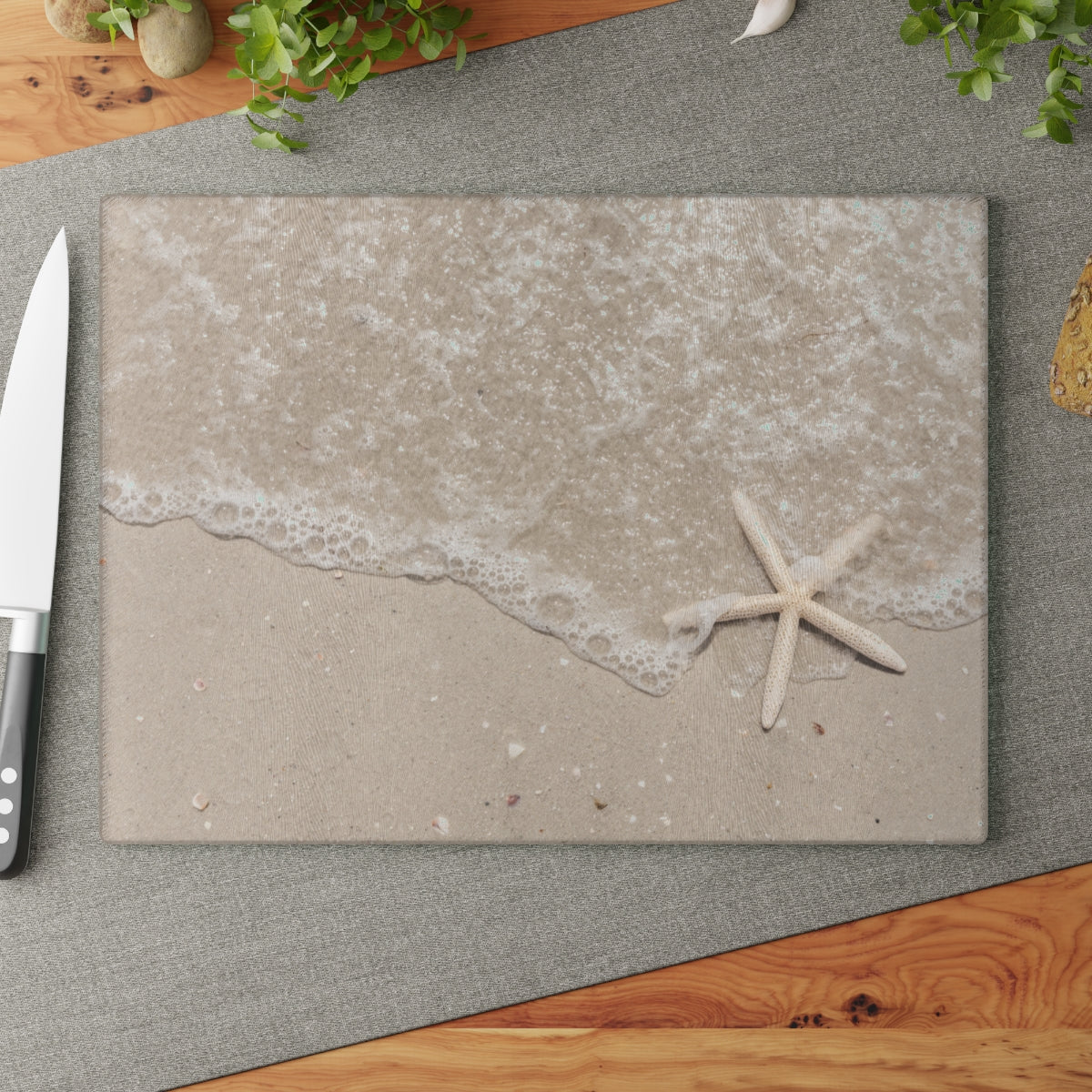 Glass Cutting Board, Sand and Starfish - Two Sizes Available