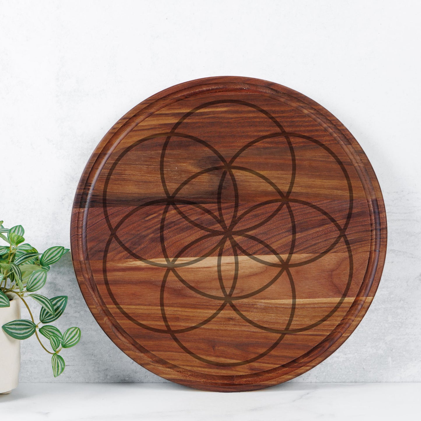 Large Crystal Grid / 13.5" Round Wood Cutting Board with Groove, Charcuterie Serving Tray / Sacred Geometry Seed of Life - Maple or Walnut