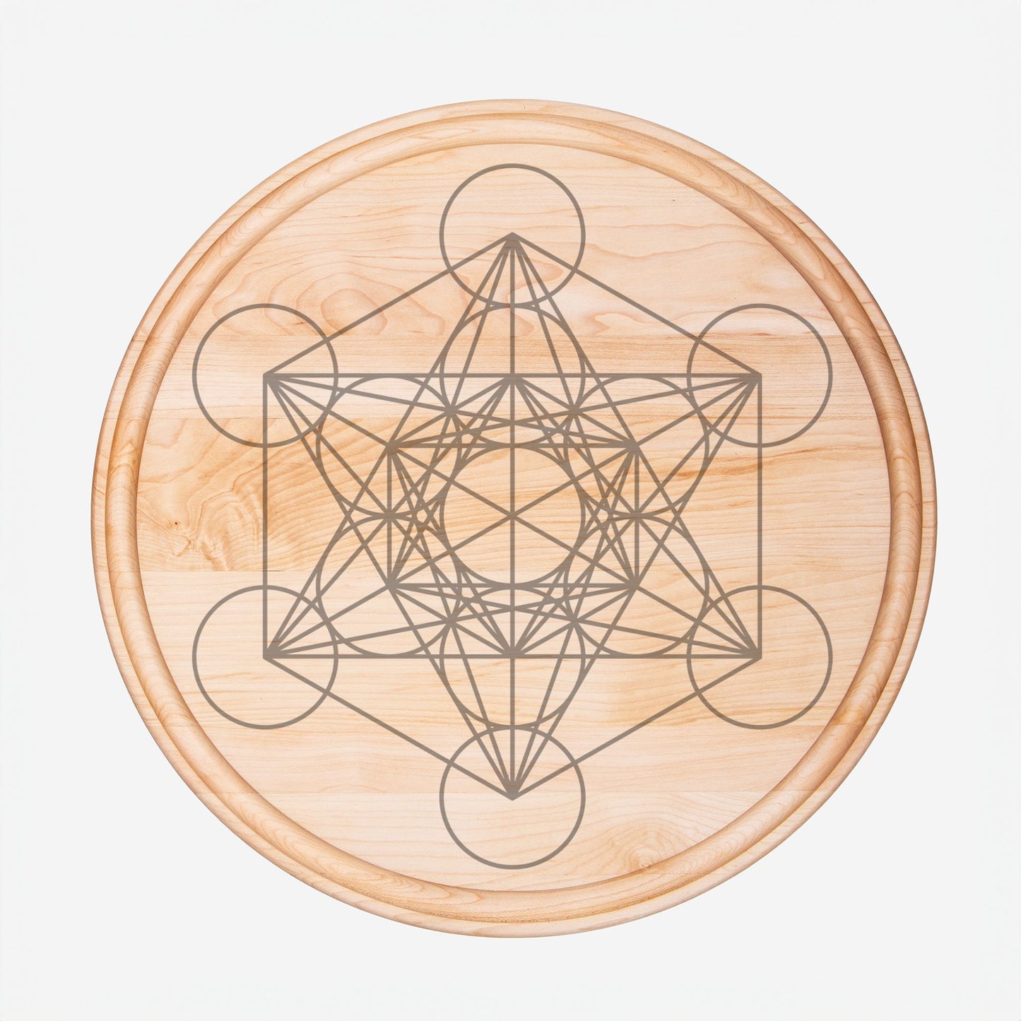 Metatron's Cube Large Crystal Grid / Round Wood Cutting Board with Groove, Charcuterie Serving Tray / Sacred Geometry - Maple or Walnut