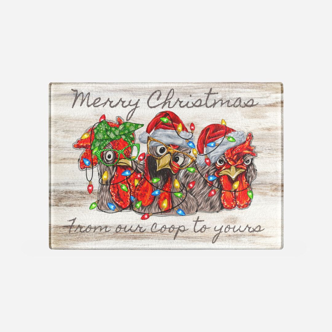 Crazy Chickens Christmas Glass Cutting Board