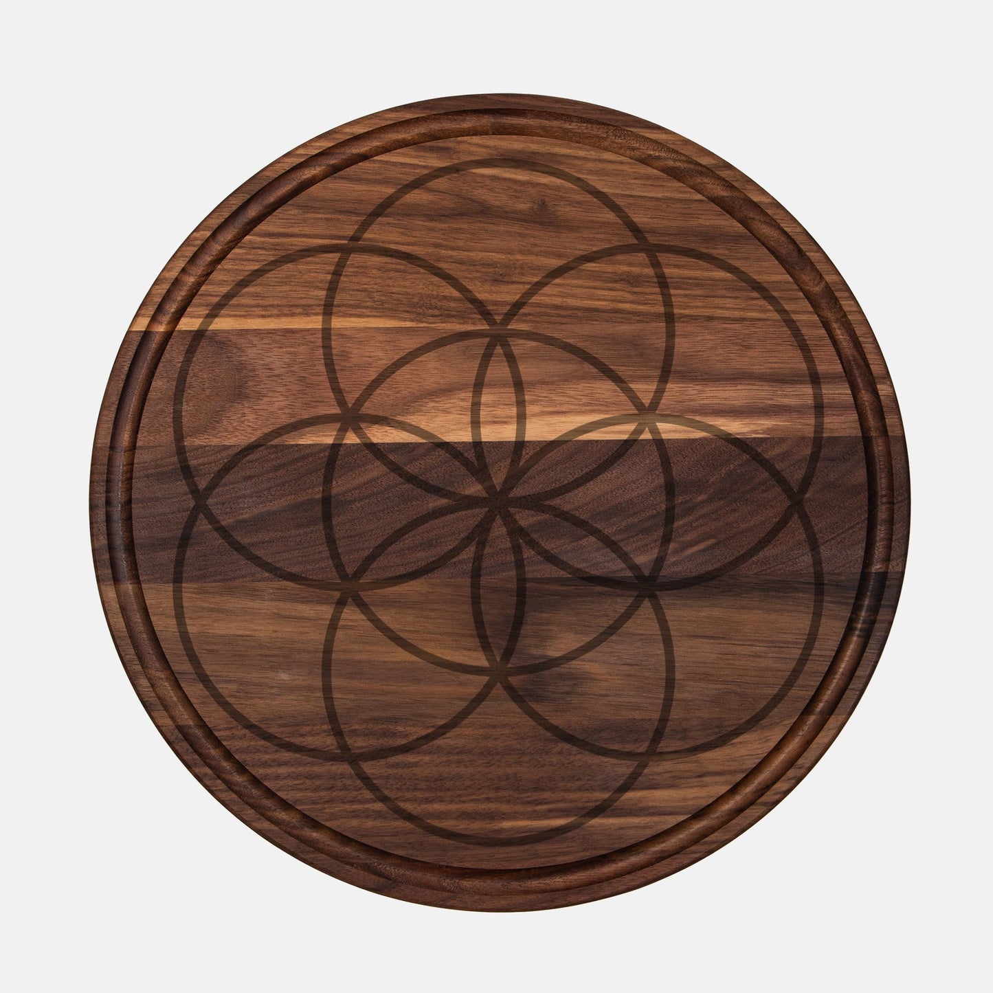 Large Crystal Grid / 13.5" Round Wood Cutting Board with Groove, Charcuterie Serving Tray / Sacred Geometry Seed of Life - Maple or Walnut