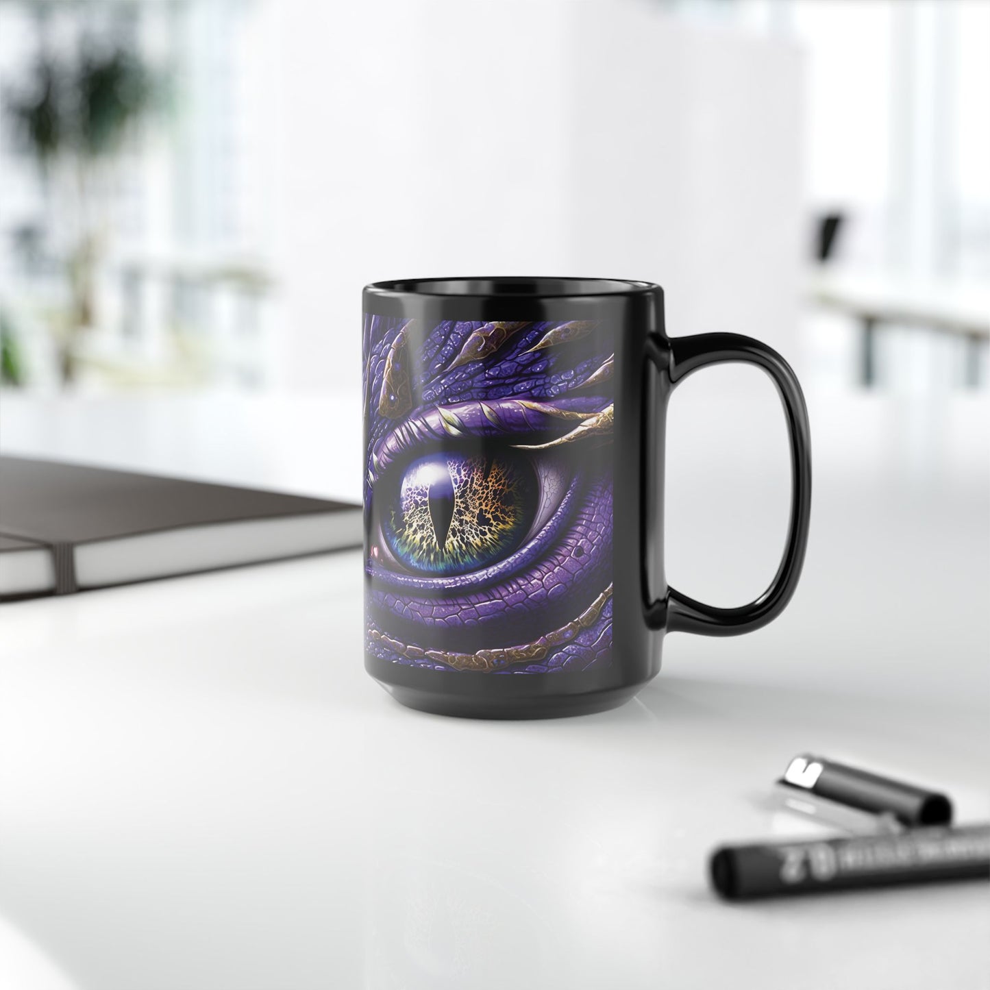 Purple Dragon Eye Mug, Purple Coffee Cup, Black Mug, Dragon Lover Mug, Gift Under 20, Fantasy Mug, Otherworld Scifi Gift for Office Partner