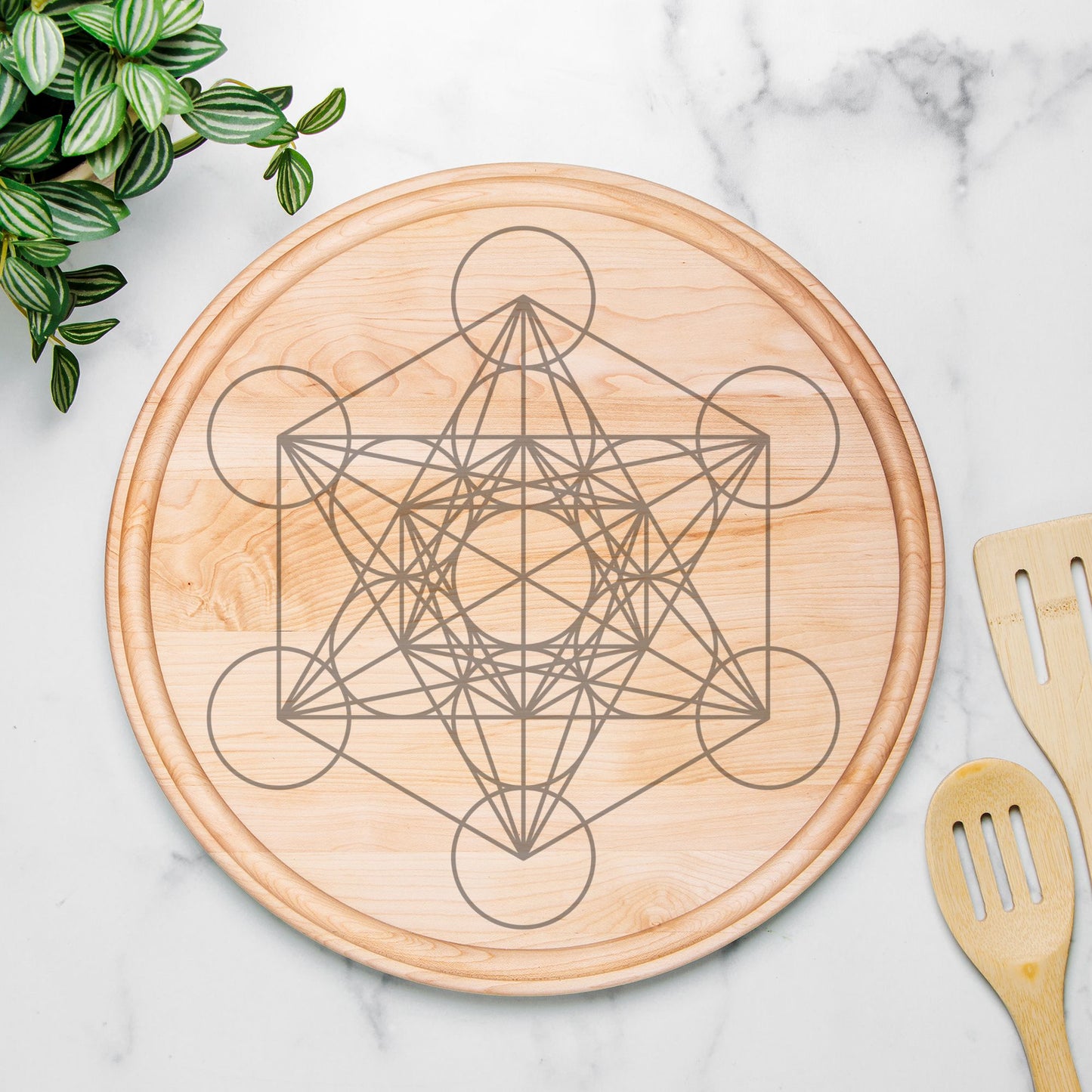 Metatron's Cube Large Crystal Grid / Round Wood Cutting Board with Groove, Charcuterie Serving Tray / Sacred Geometry - Maple or Walnut