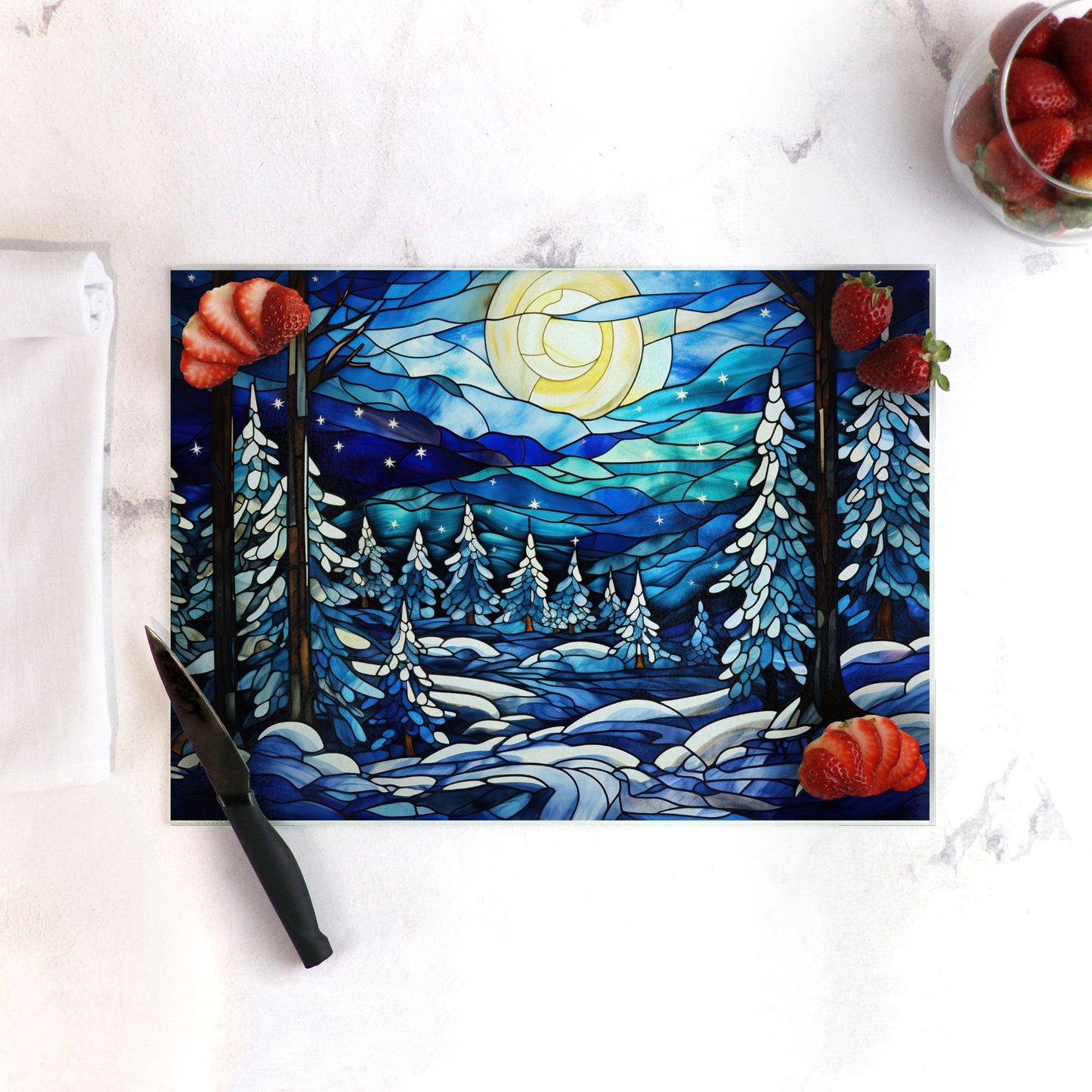 Glass Cutting Board, Stained Glass-Look Winter Full Moon