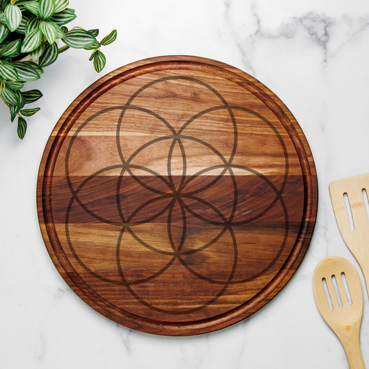 Large Crystal Grid / 13.5" Round Wood Cutting Board with Groove, Charcuterie Serving Tray / Sacred Geometry Seed of Life - Maple or Walnut