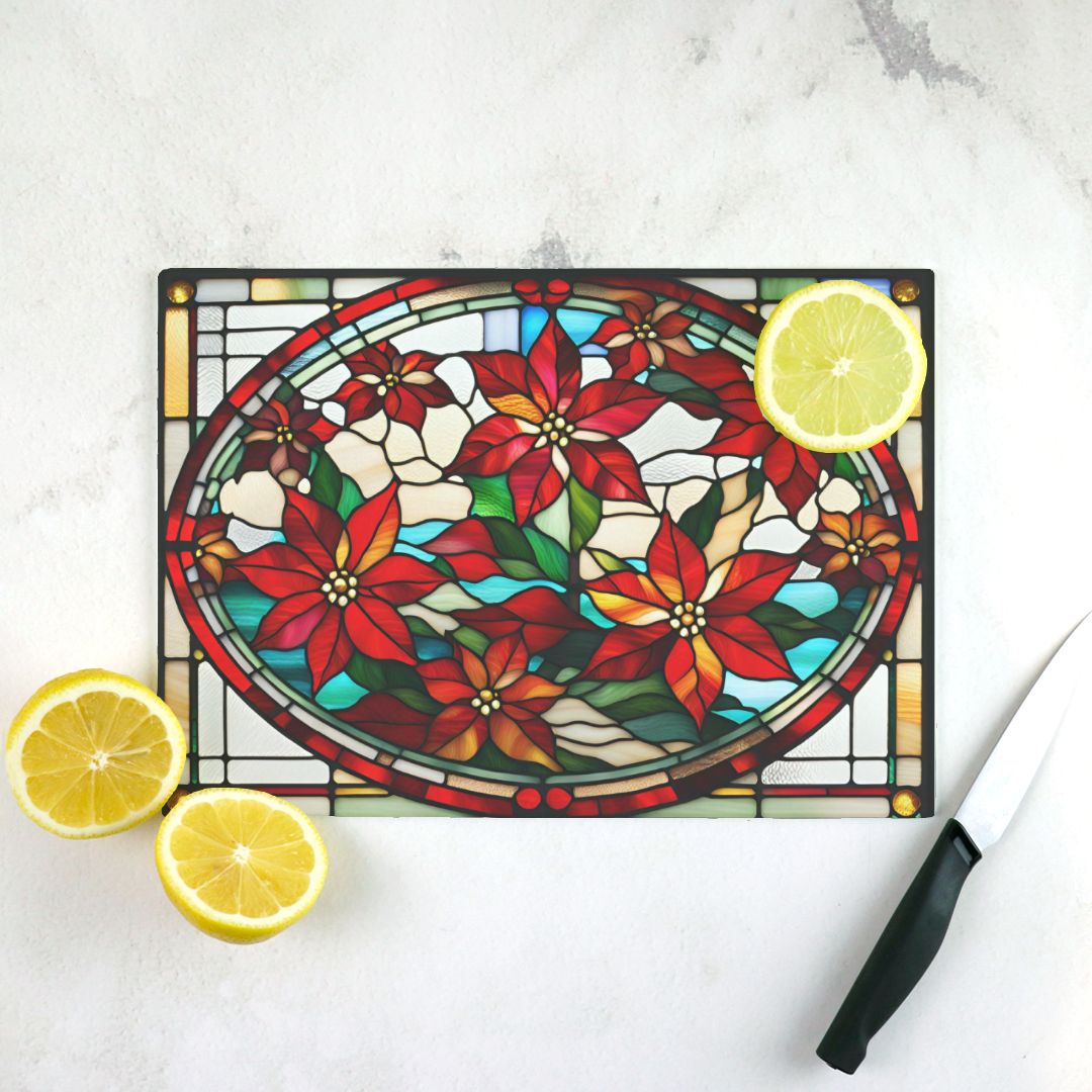 Holiday Glass Cutting Board - Stained Glass Style Poinsettias