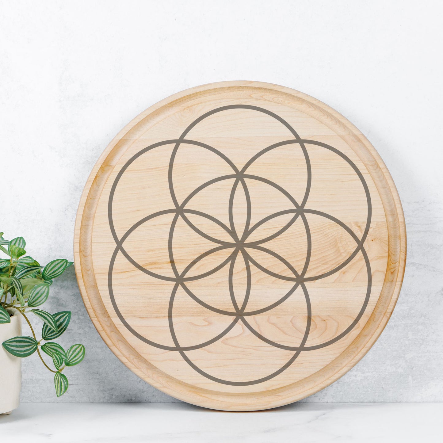 Large Crystal Grid / 13.5" Round Wood Cutting Board with Groove, Charcuterie Serving Tray / Sacred Geometry Seed of Life - Maple or Walnut