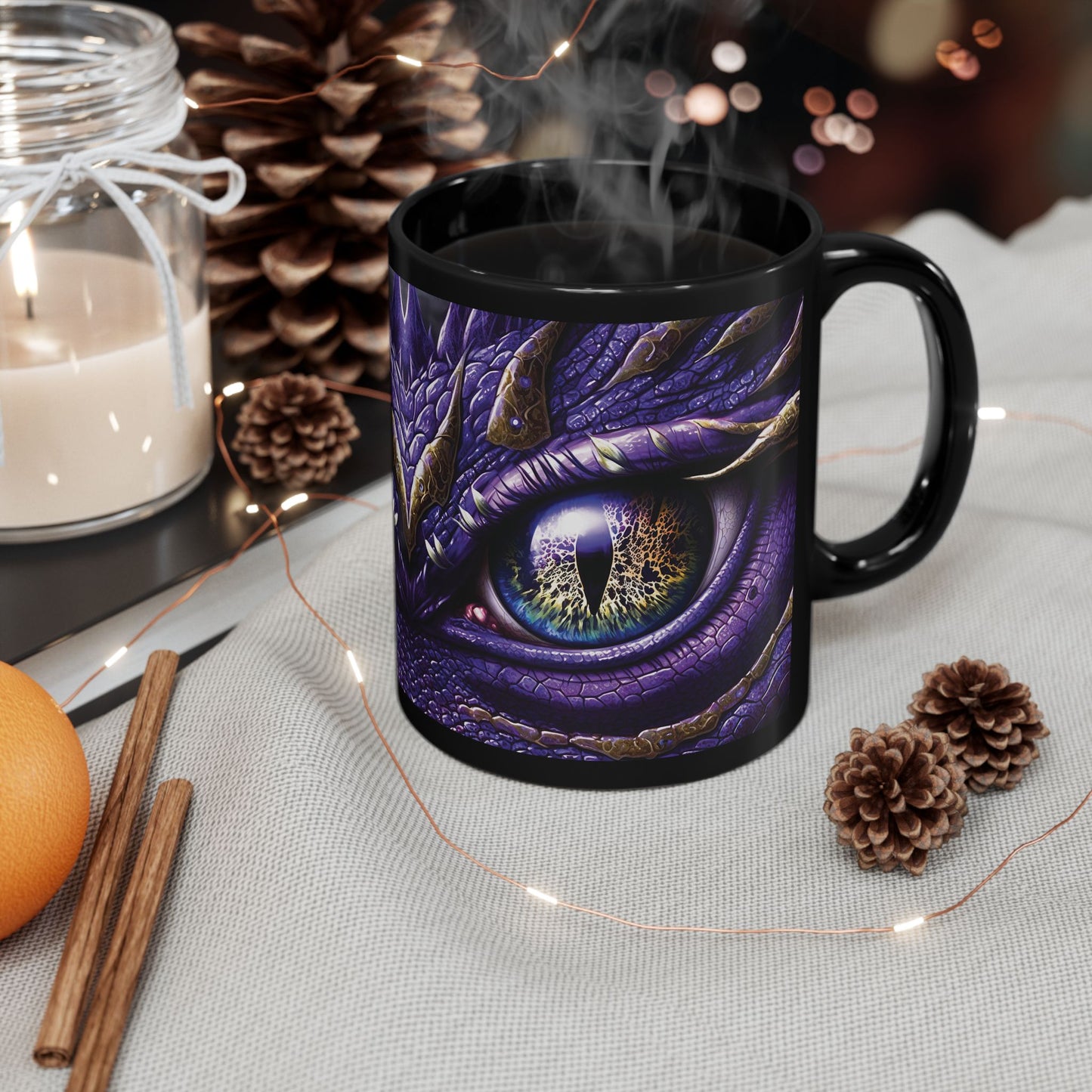 Purple Dragon Eye Mug, Purple Coffee Cup, Black Mug, Dragon Lover Mug, Gift Under 20, Fantasy Mug, Otherworld Scifi Gift for Office Partner