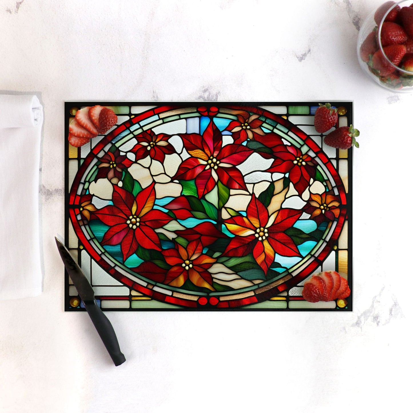 Holiday Glass Cutting Board - Stained Glass Style Poinsettias