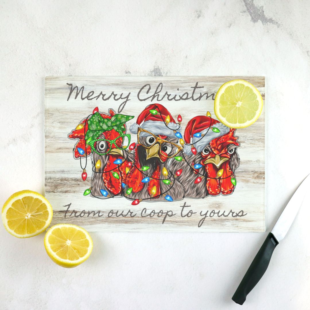 Crazy Chickens Christmas Glass Cutting Board