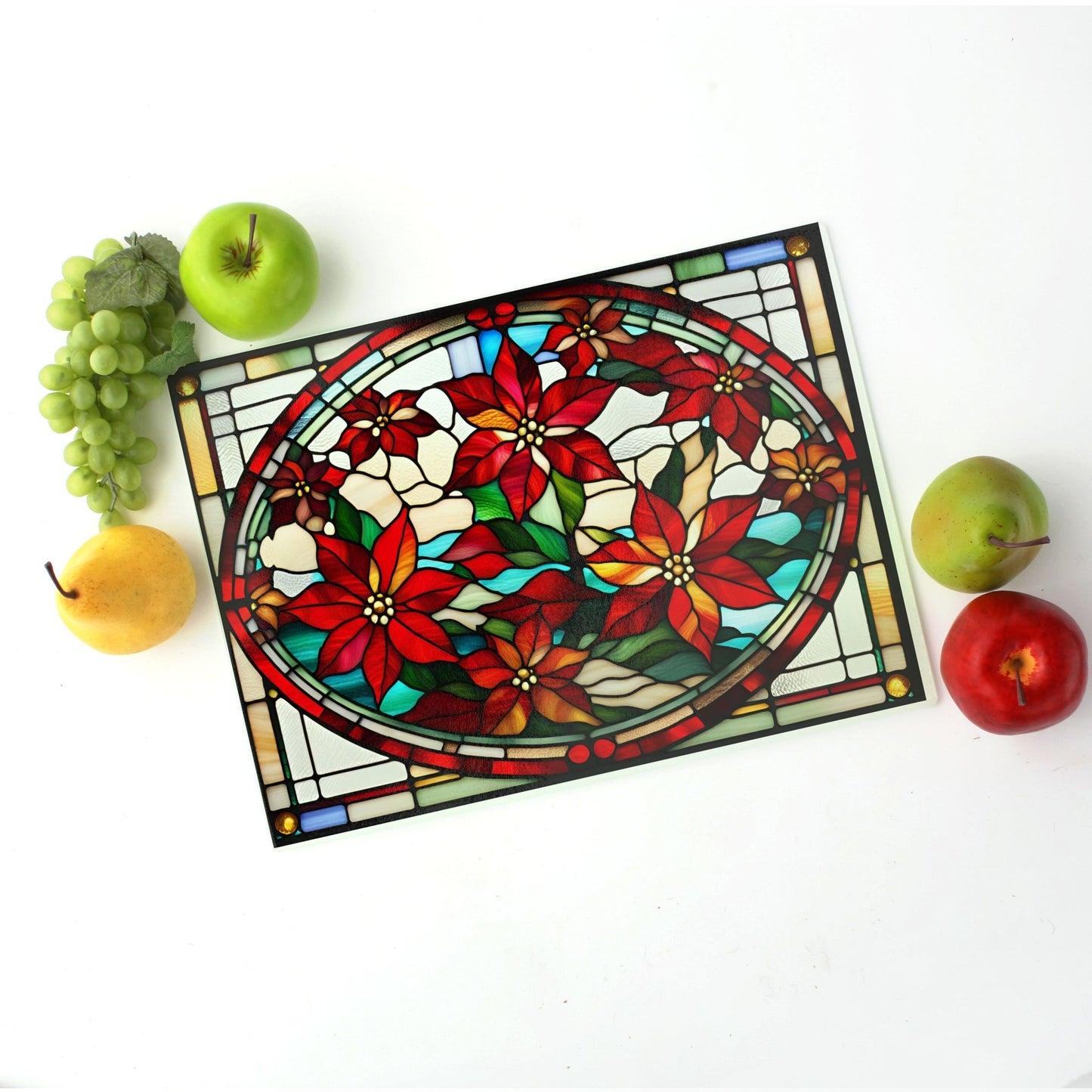 Holiday Glass Cutting Board - Stained Glass Style Poinsettias