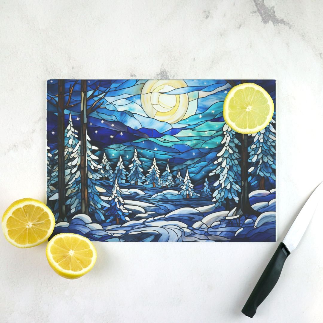 Glass Cutting Board, Stained Glass-Look Winter Full Moon