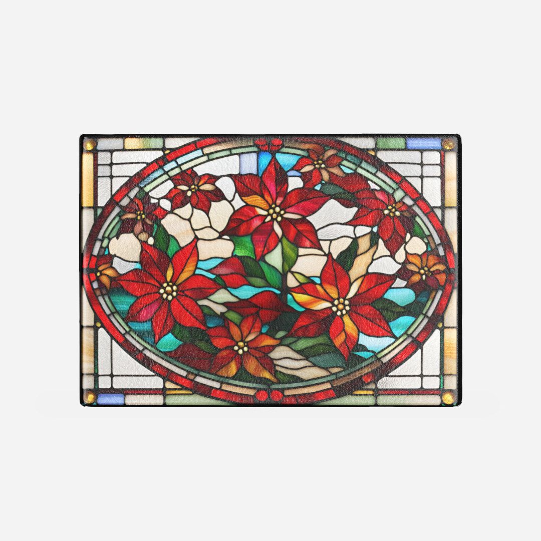 Holiday Glass Cutting Board - Stained Glass Style Poinsettias