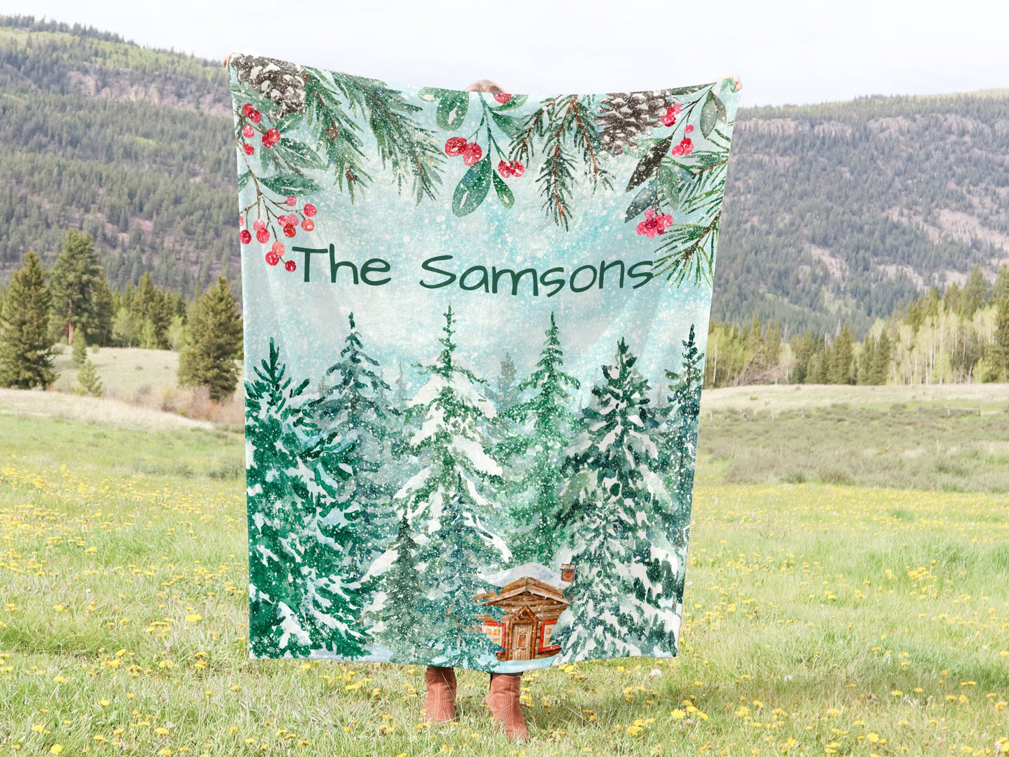 Personalized Winter Crushed Velvet Throw Blanket - Cabin in the Woods