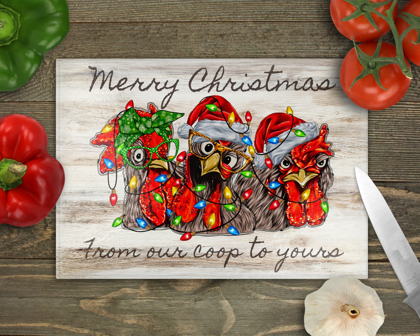 Crazy Chickens Christmas Glass Cutting Board