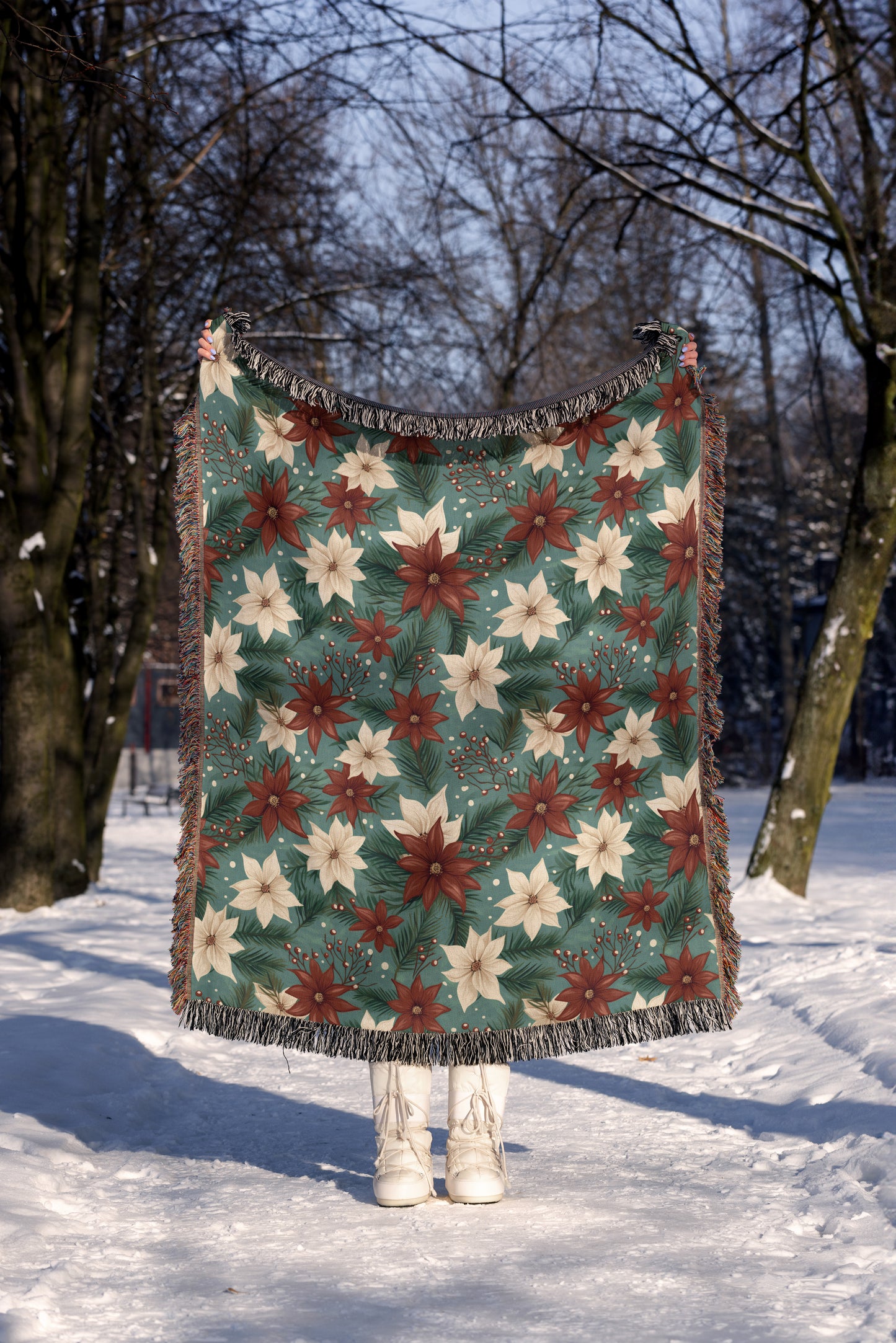 Woven Blanket with Fringe - Holiday Poinsettias - 100% Cotton