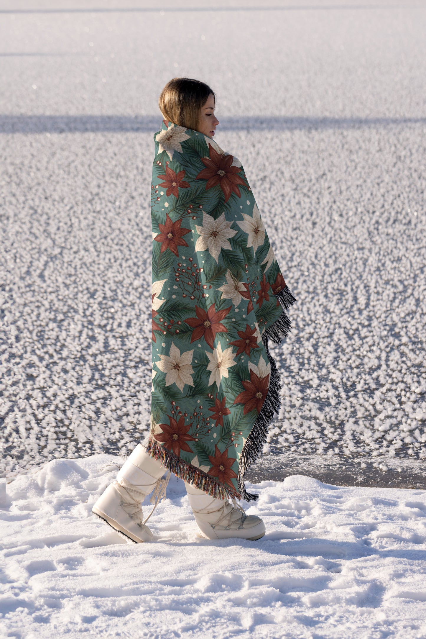 Woven Blanket with Fringe - Holiday Poinsettias - 100% Cotton