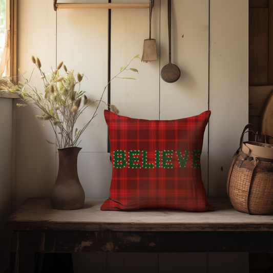 Christmas Tartan Pillow Cover - Believe