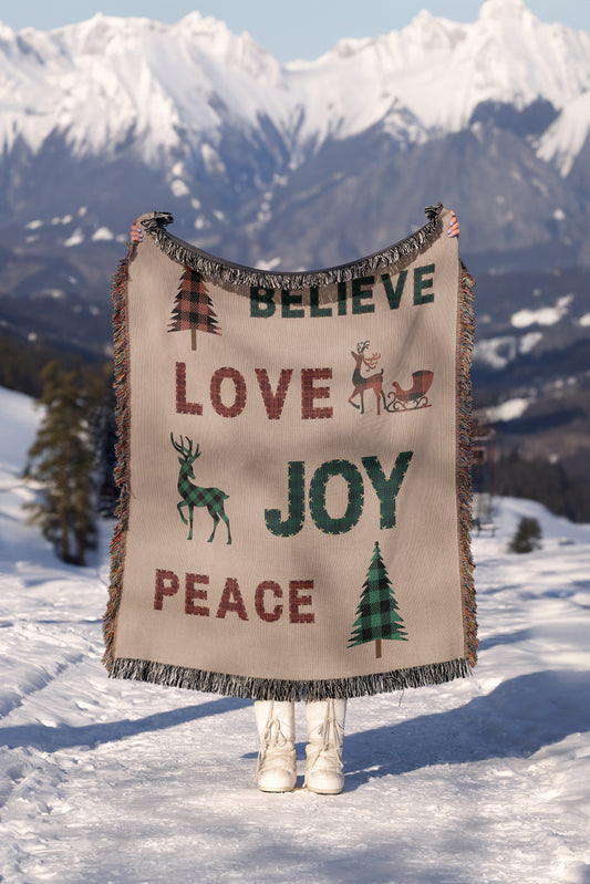 Woven Blanket with Fringe - Holiday Plaid Believe, Love, Joy, Peace - 100% Cotton