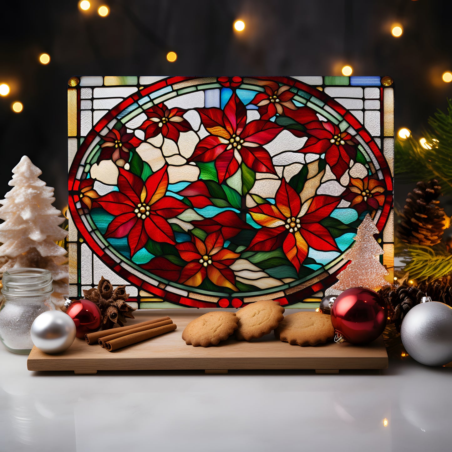 Holiday Glass Cutting Board - Stained Glass Style Poinsettias