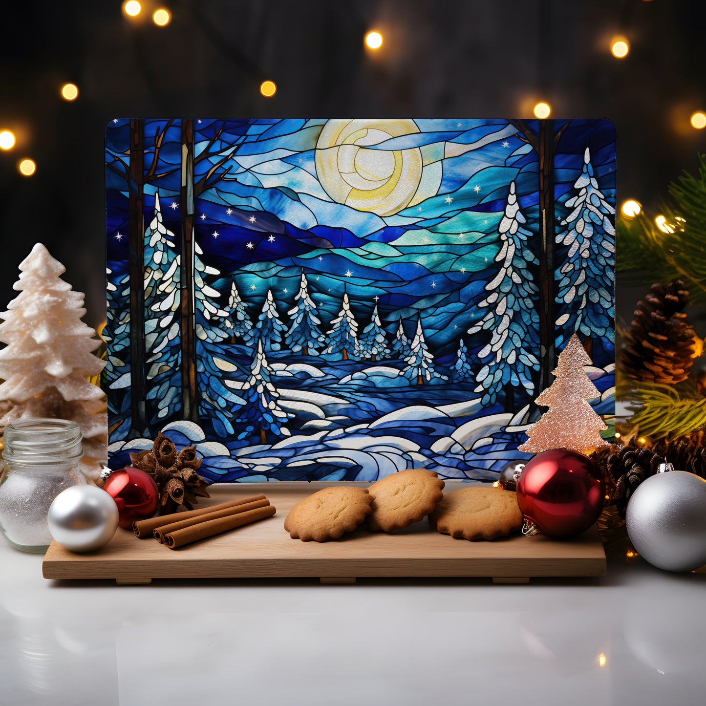 Glass Cutting Board, Stained Glass-Look Winter Full Moon
