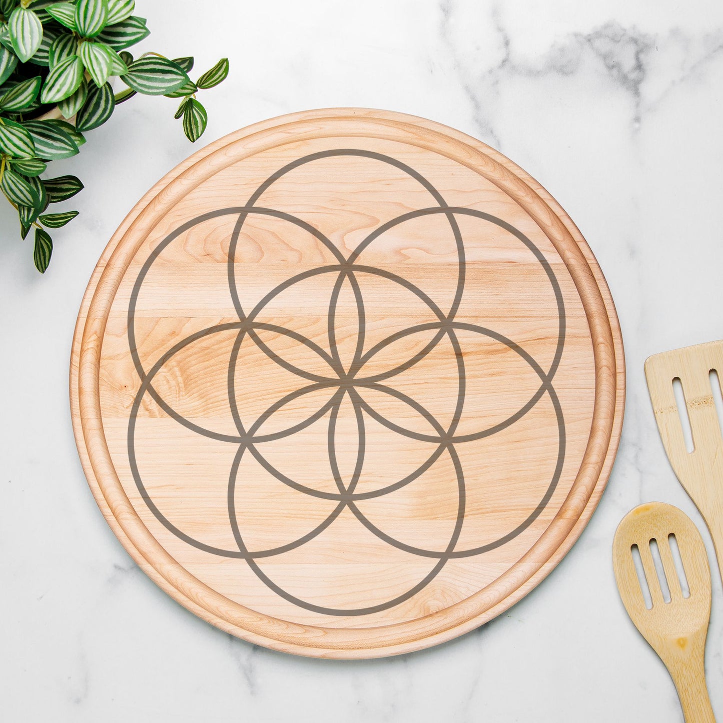 Large Crystal Grid / 13.5" Round Wood Cutting Board with Groove, Charcuterie Serving Tray / Sacred Geometry Seed of Life - Maple or Walnut