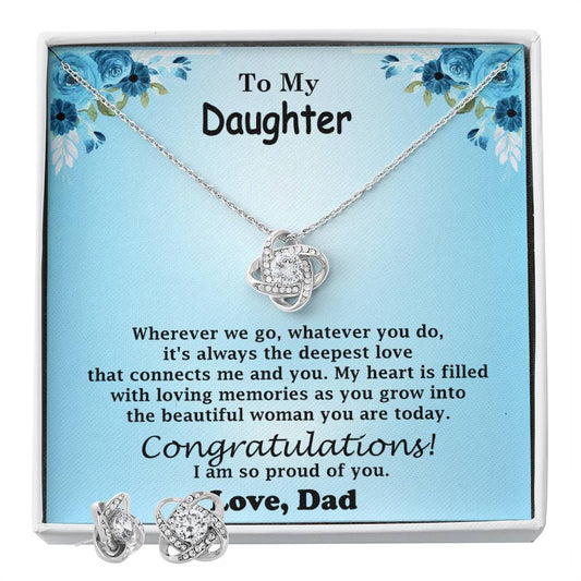 To Daughter From Dad Congratulations Love Knot Earring and Pendant Necklace Set