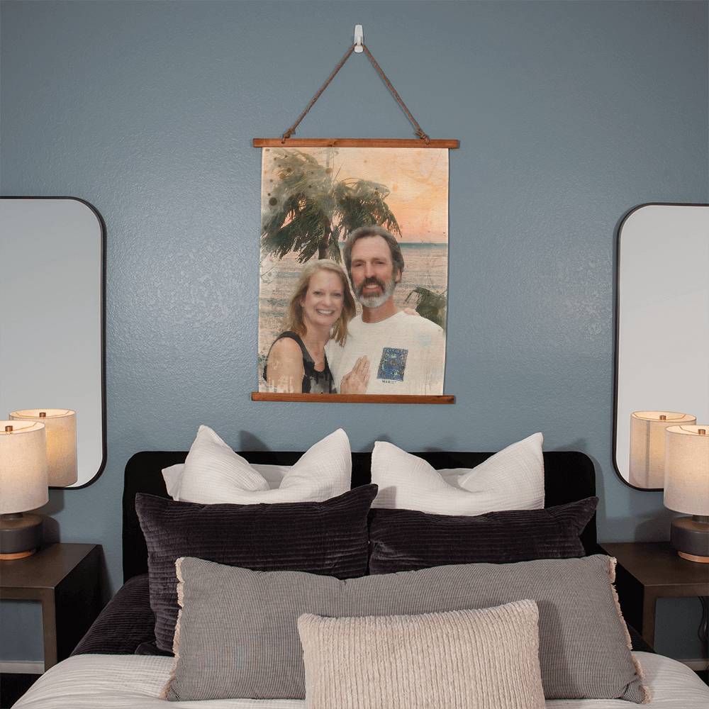 Custom Watercolor Photo Wall Tapestry with Wood Hanging Frame | Watercolor Painting from Photo