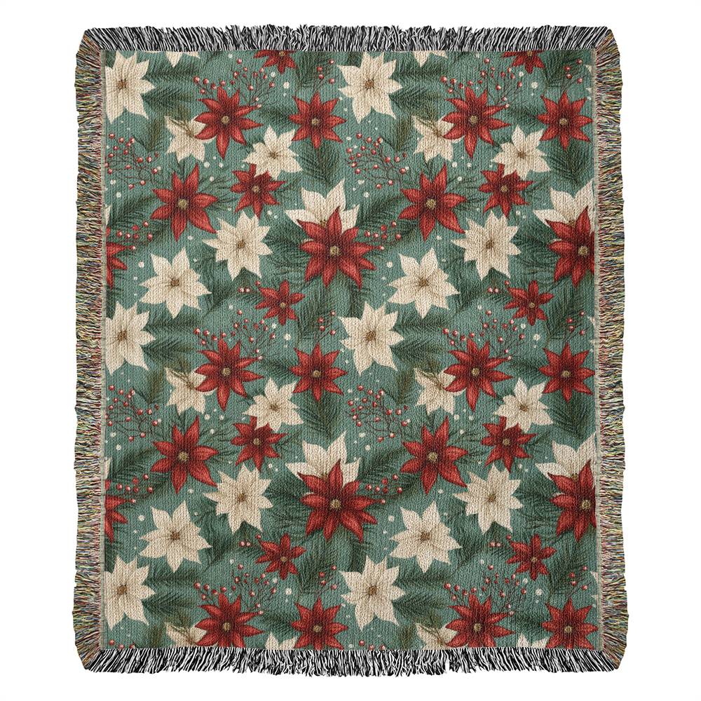 Woven Blanket with Fringe - Holiday Poinsettias - 100% Cotton