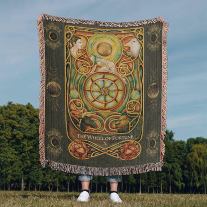 The Wheel of Fortune Woven Tarot Blanket/Throw | 100% Cotton Tapestry with Fringe