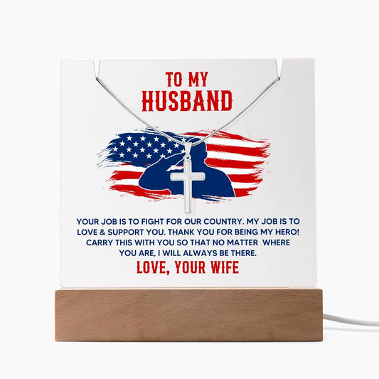 To Military Husband Cross Necklace with Acrylic LED Display Stand