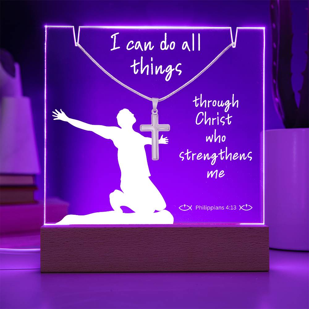 White Inspirational Acrylic Accent Light with Minimalist Cross Necklace | Supportive Bible Verse Night Light | Christian Birthday Gift for Him/Her