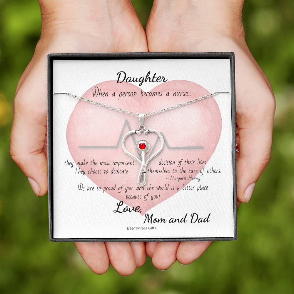 To Nurse Daughter from Mom and Dad Heart Stethoscope Pendant Necklace