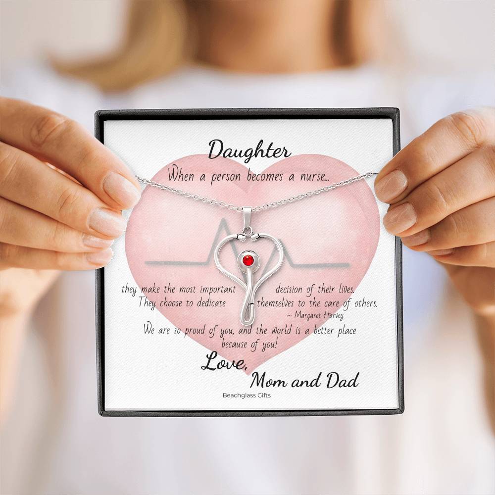 To Nurse Daughter from Mom and Dad Heart Stethoscope Pendant Necklace