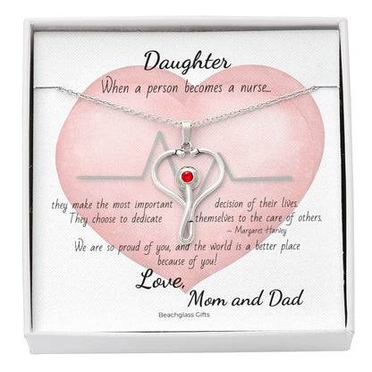 To Nurse Daughter from Mom and Dad Heart Stethoscope Pendant Necklace