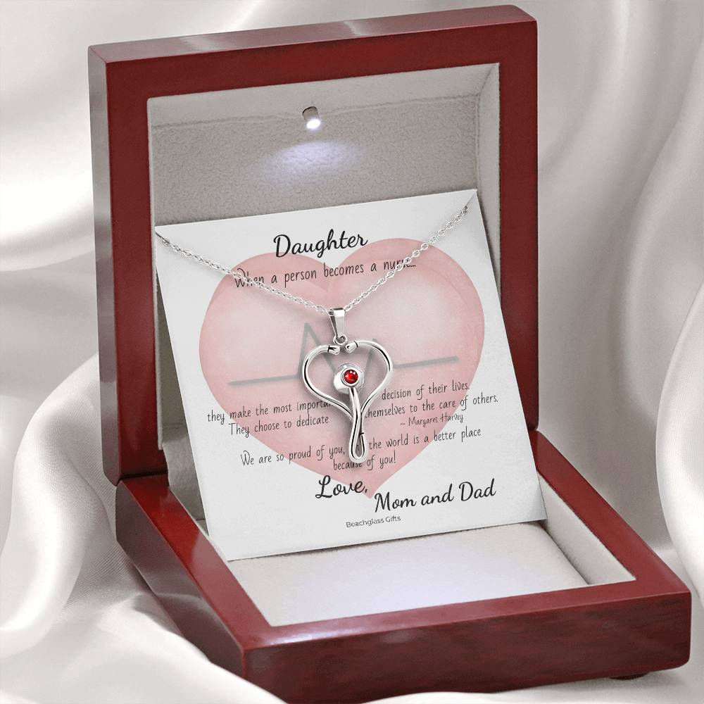 To Nurse Daughter from Mom and Dad Heart Stethoscope Pendant Necklace