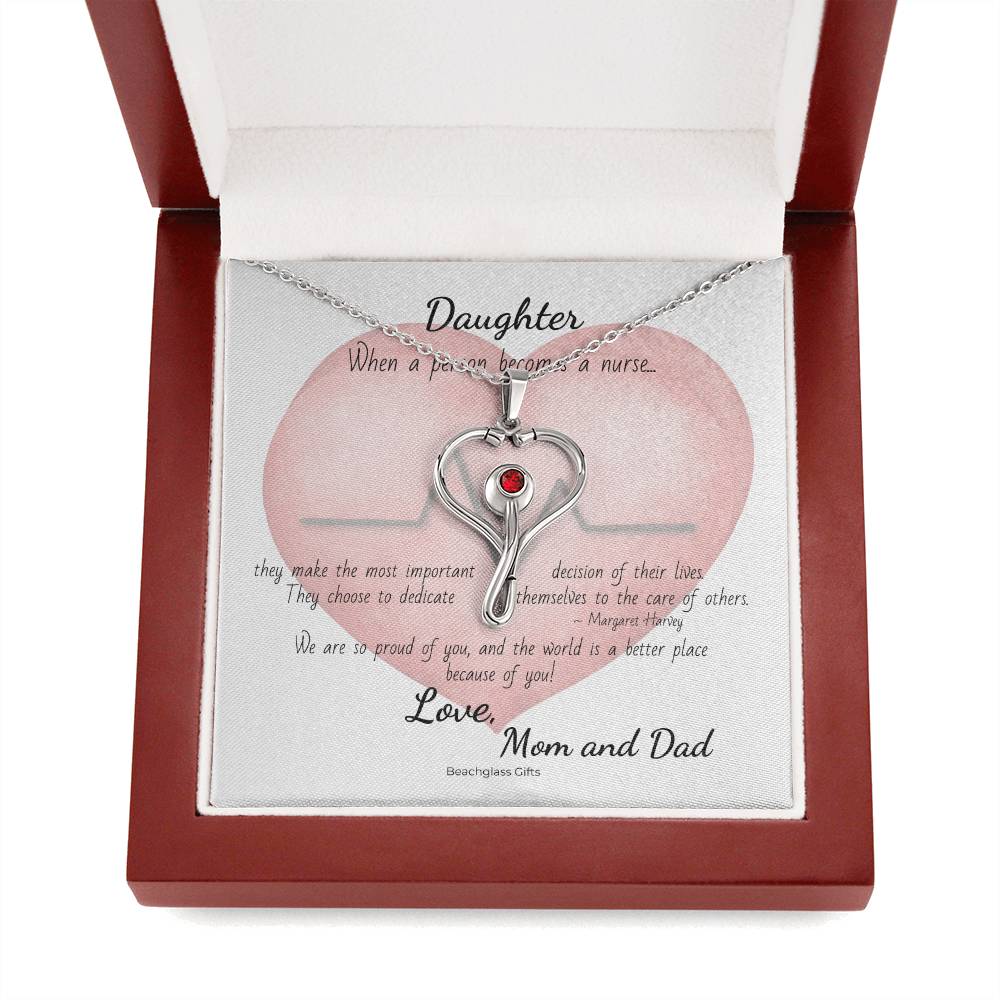 To Nurse Daughter from Mom and Dad Heart Stethoscope Pendant Necklace