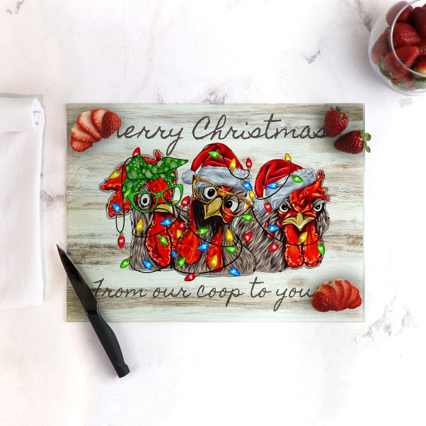 Crazy Chickens Christmas Glass Cutting Board