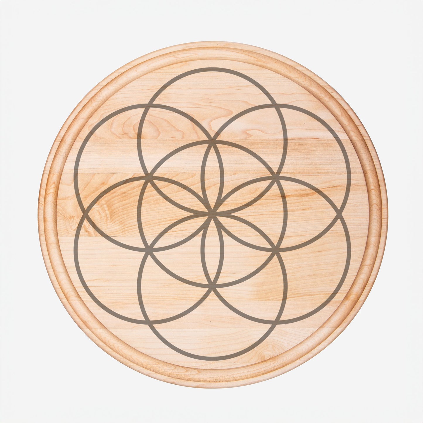 Large Crystal Grid / 13.5" Round Wood Cutting Board with Groove, Charcuterie Serving Tray / Sacred Geometry Seed of Life - Maple or Walnut