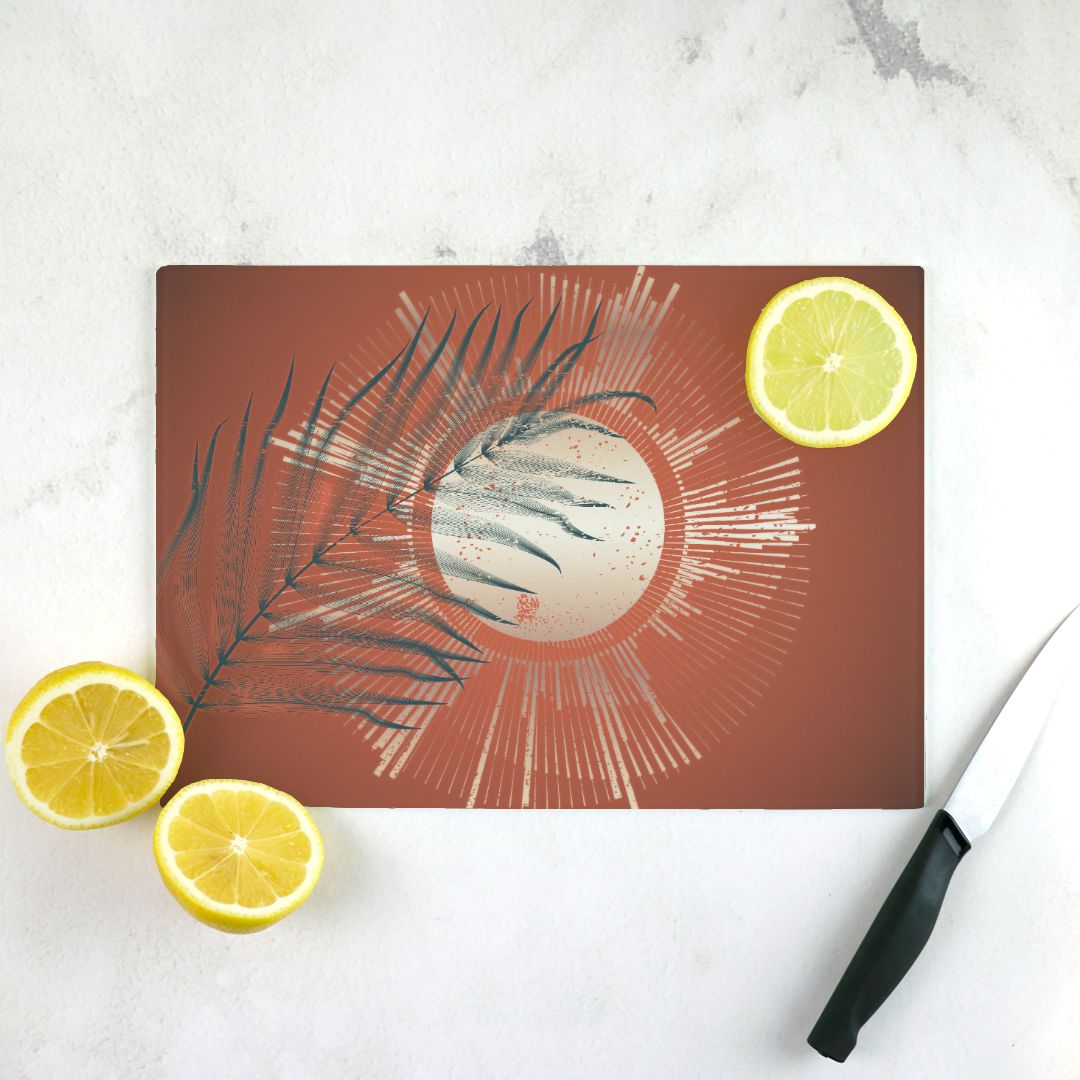 Glass Cutting Board - Japandi Sun | Cheese, Charcuterie Serving Tray | Japanese Scandinavian Decor