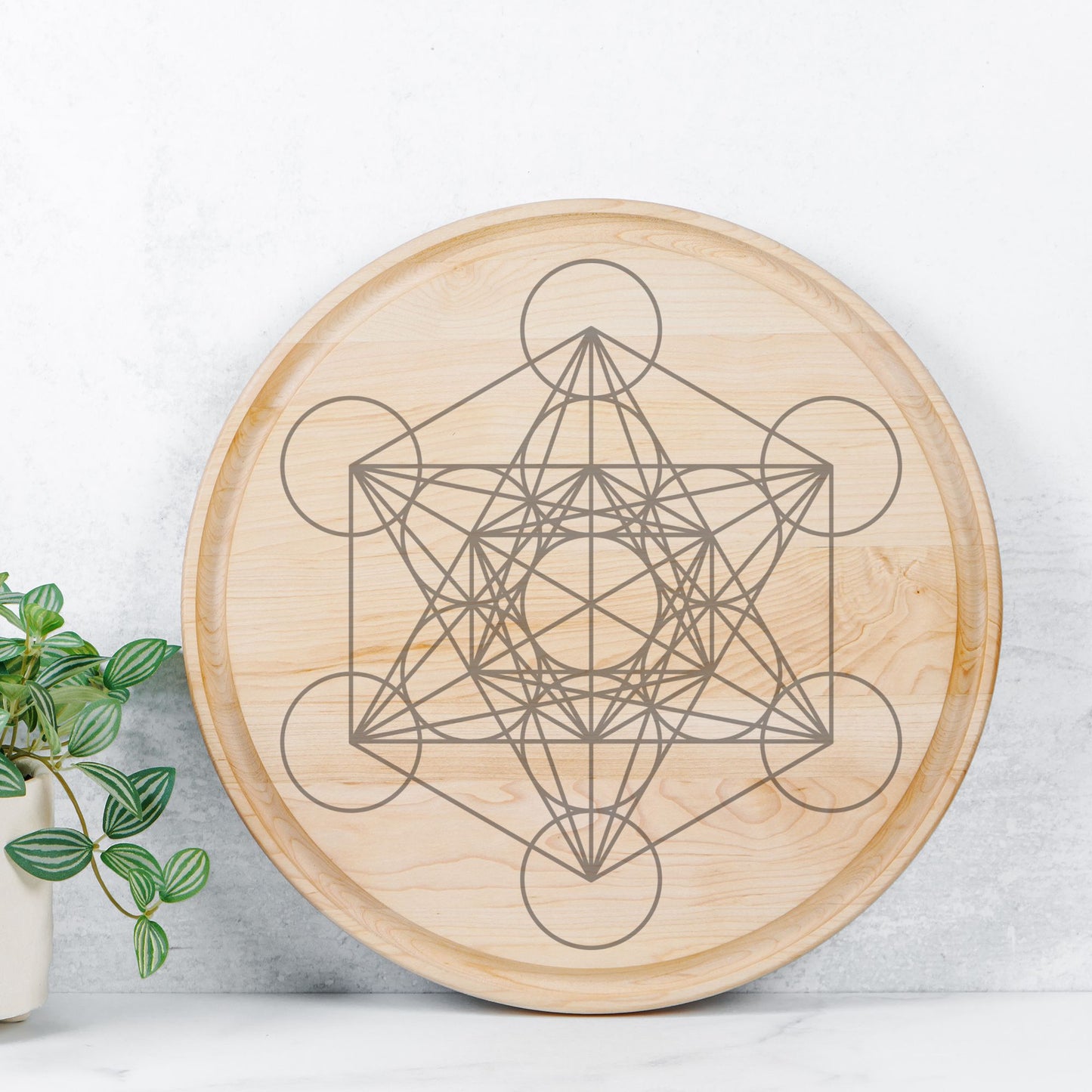 Metatron's Cube Large Crystal Grid / Round Wood Cutting Board with Groove, Charcuterie Serving Tray / Sacred Geometry - Maple or Walnut