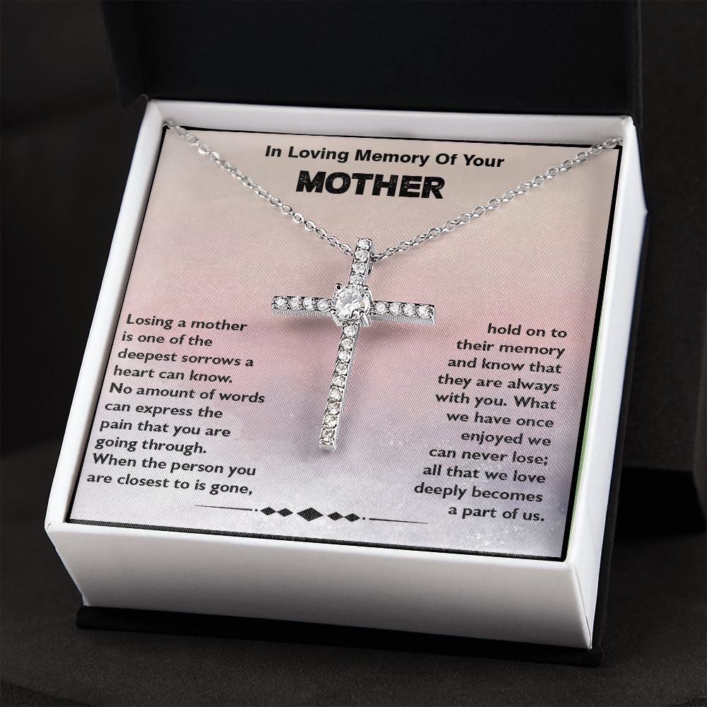 Loss of Mother Sympathy Message Cubic Zirconia Cross Pendant Necklace